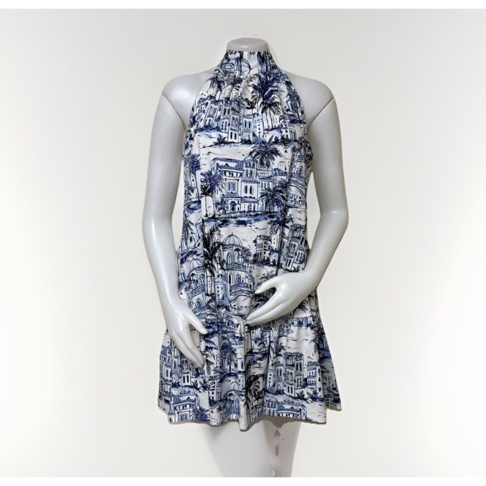 Calypso St. Barth White and Navy Halter Mini Dress
